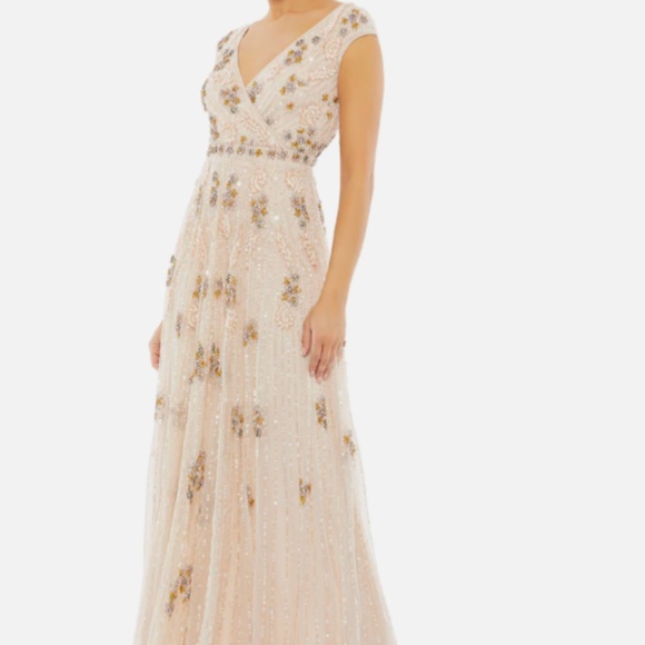 MAC DUGGAL 93575 EMBELLISHED FLORAL WRAP OVER CAP SLEEVE A-LINE BLUSH GOWN sz 10 - Picture 4 of 10